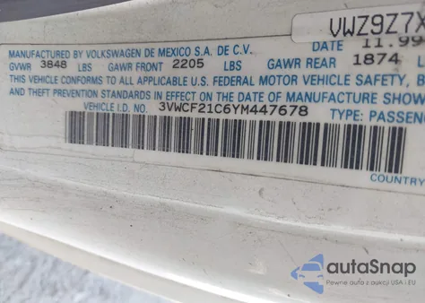 2000 Volkswagen New Beetle Gls Tdi из США, поврежденный, VIN 3VWCF21C6YM447678